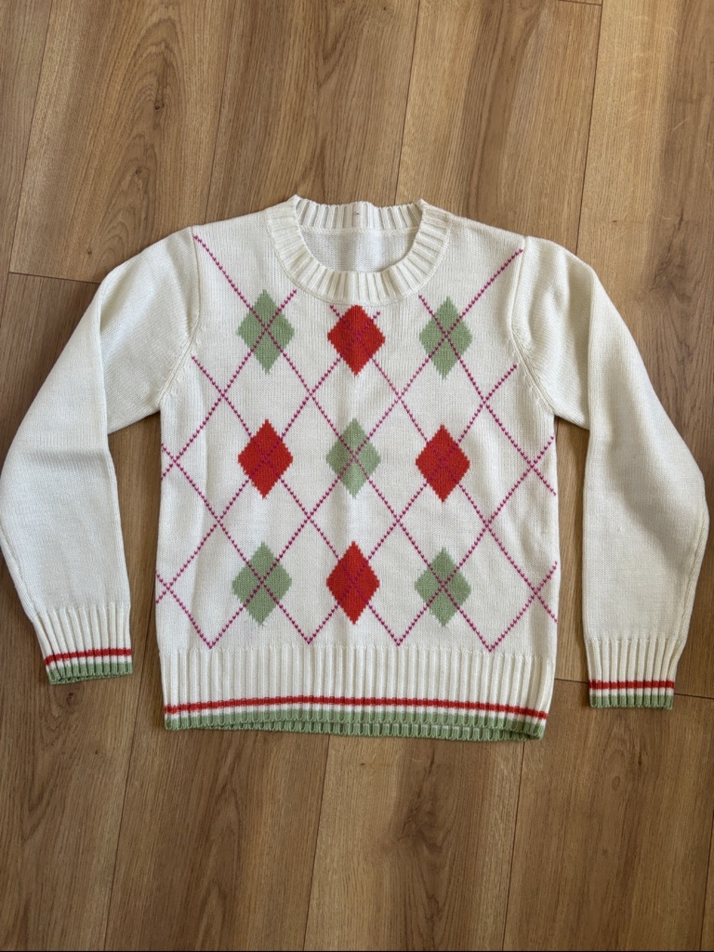 Cream Argyle Crewneck Sweater with Red and Green Accents